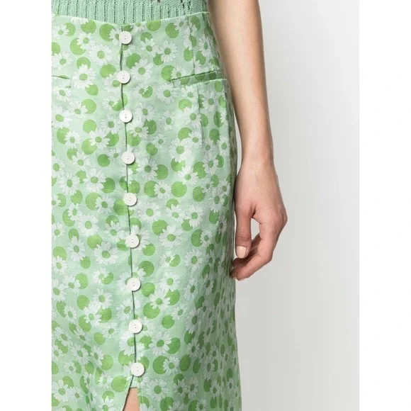 𝅺SANDRO Paris Silk & Linen Green Long Floral Print Botton Skirt with slit 0 - Picture 3 of 12